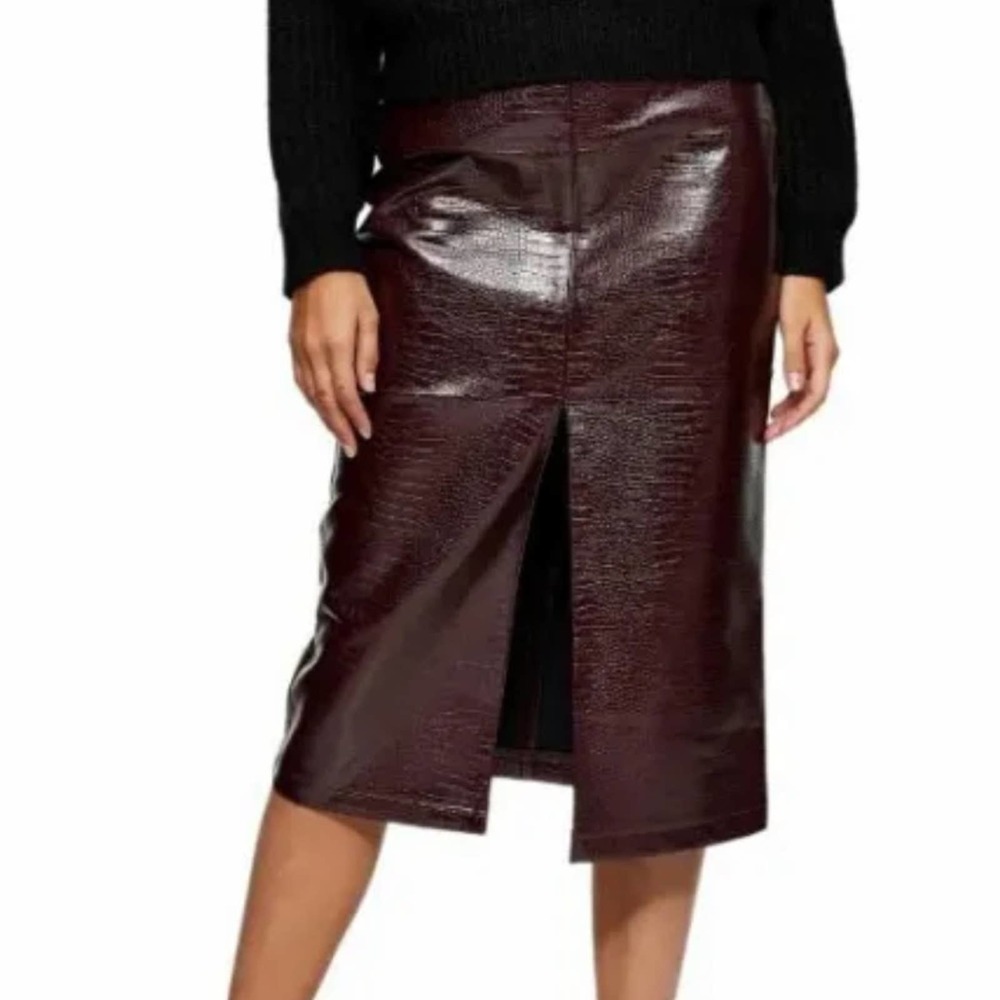 NEW Topshop Faux Croc Midi Skirt Burgundy Size 10  FRONT SLIT